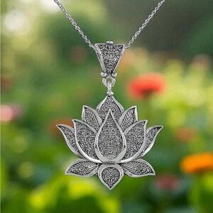 Elegant925 ‎ Silver Lotus Handmade Filigree Pendant Necklace